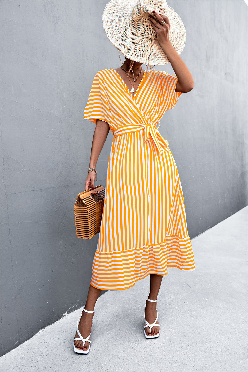 ClassicChic V-Neck Striped Maxi – European-Inspired Elegance