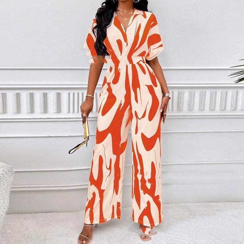 Effortless Chic: V-Neck Loose Printed Long Jumpsuit