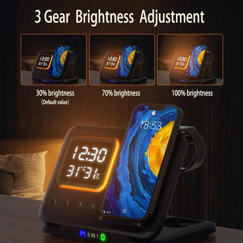 Power Up Your Life: 5-in-1 Wireless Charging Station with LED Alarm Clock