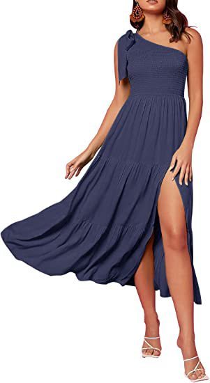 SolaFemme One-Shoulder Pleated Split Maxi Dress