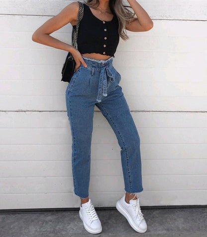 FloralEdge High Waist Belted Jeans