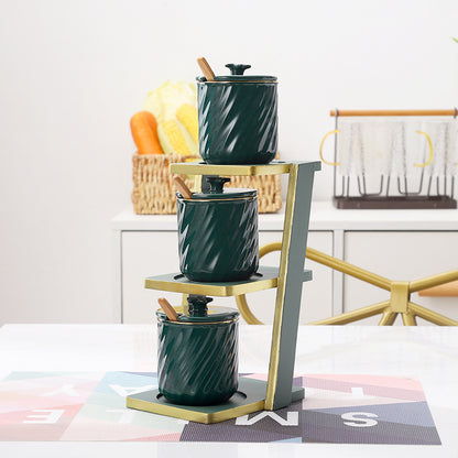 Elegant 3-Tier Bamboo Shelf with Glass & Ceramic Spice Jars – Organize Your Kitchen in Style!