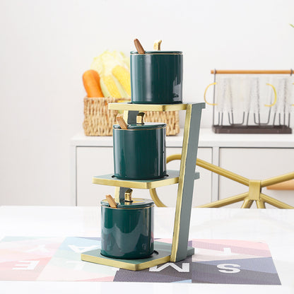 Elegant 3-Tier Bamboo Shelf with Glass & Ceramic Spice Jars – Organize Your Kitchen in Style!