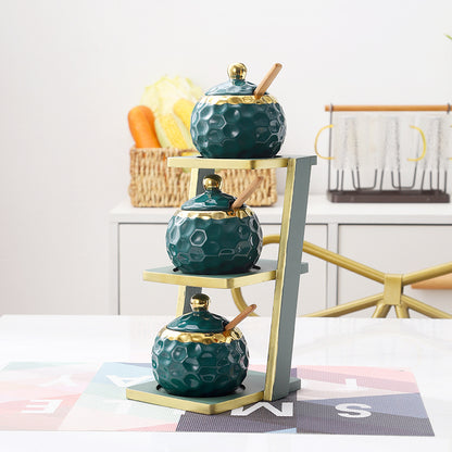 Elegant 3-Tier Bamboo Shelf with Glass & Ceramic Spice Jars – Organize Your Kitchen in Style!