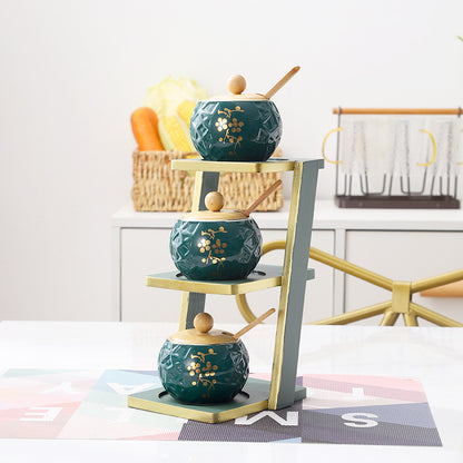 Elegant 3-Tier Bamboo Shelf with Glass & Ceramic Spice Jars – Organize Your Kitchen in Style!