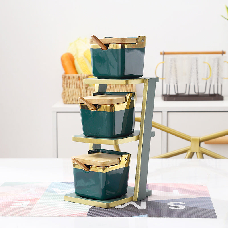 Elegant 3-Tier Bamboo Shelf with Glass & Ceramic Spice Jars – Organize Your Kitchen in Style!
