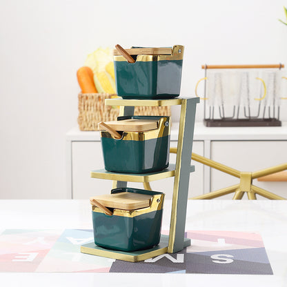 Elegant 3-Tier Bamboo Shelf with Glass & Ceramic Spice Jars – Organize Your Kitchen in Style!