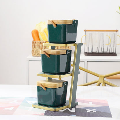 Elegant 3-Tier Bamboo Shelf with Glass & Ceramic Spice Jars – Organize Your Kitchen in Style!