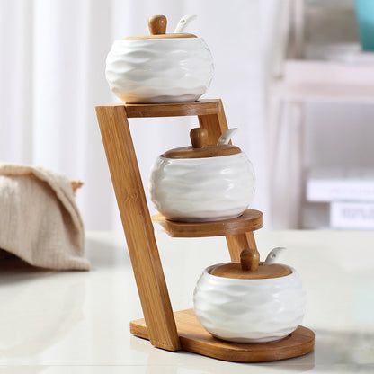 Elegant 3-Tier Bamboo Shelf with Glass & Ceramic Spice Jars – Organize Your Kitchen in Style!
