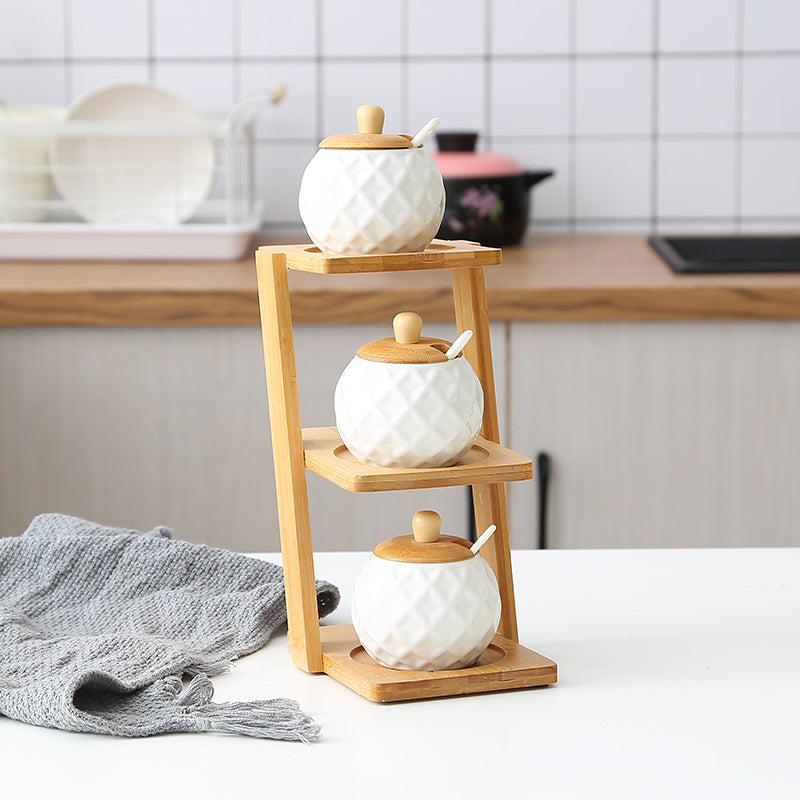 Elegant 3-Tier Bamboo Shelf with Glass & Ceramic Spice Jars – Organize Your Kitchen in Style!