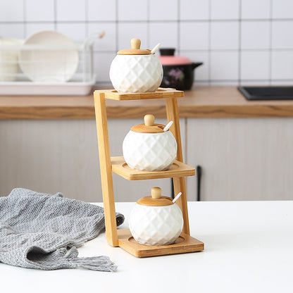 Elegant 3-Tier Bamboo Shelf with Glass & Ceramic Spice Jars – Organize Your Kitchen in Style!