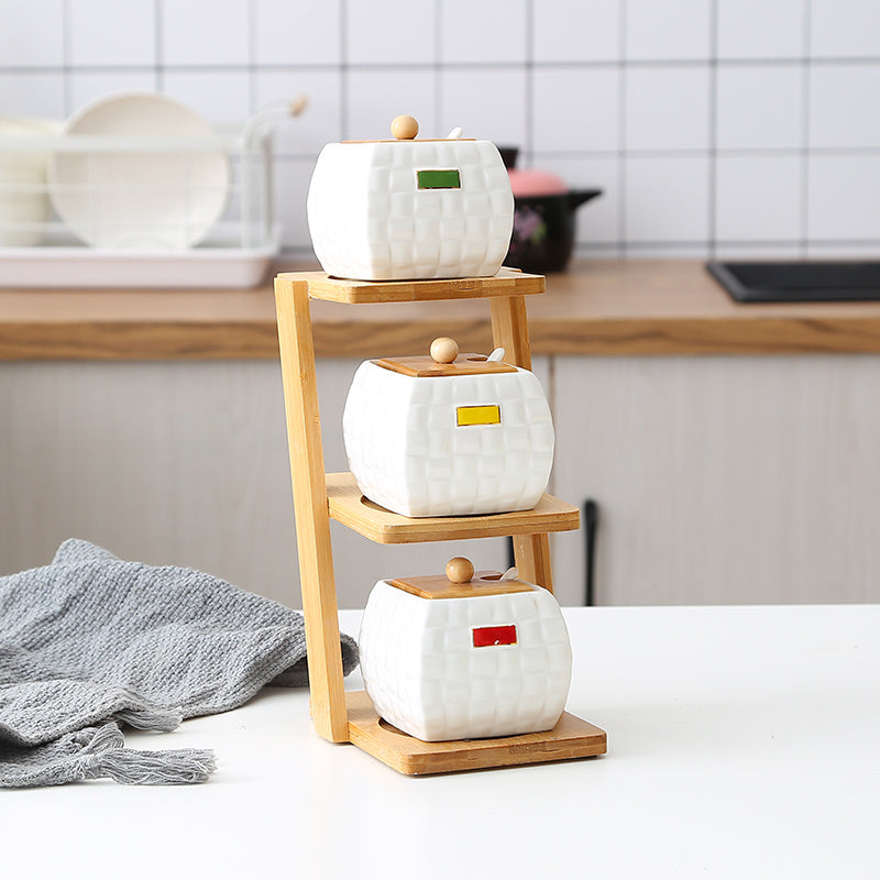 Elegant 3-Tier Bamboo Shelf with Glass & Ceramic Spice Jars – Organize Your Kitchen in Style!