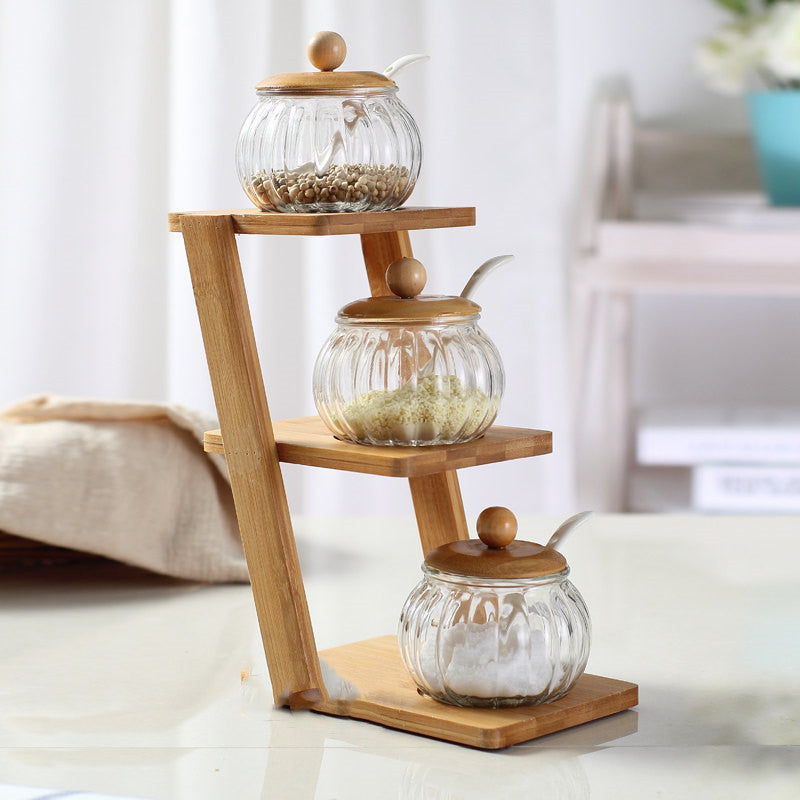 Elegant 3-Tier Bamboo Shelf with Glass & Ceramic Spice Jars – Organize Your Kitchen in Style!