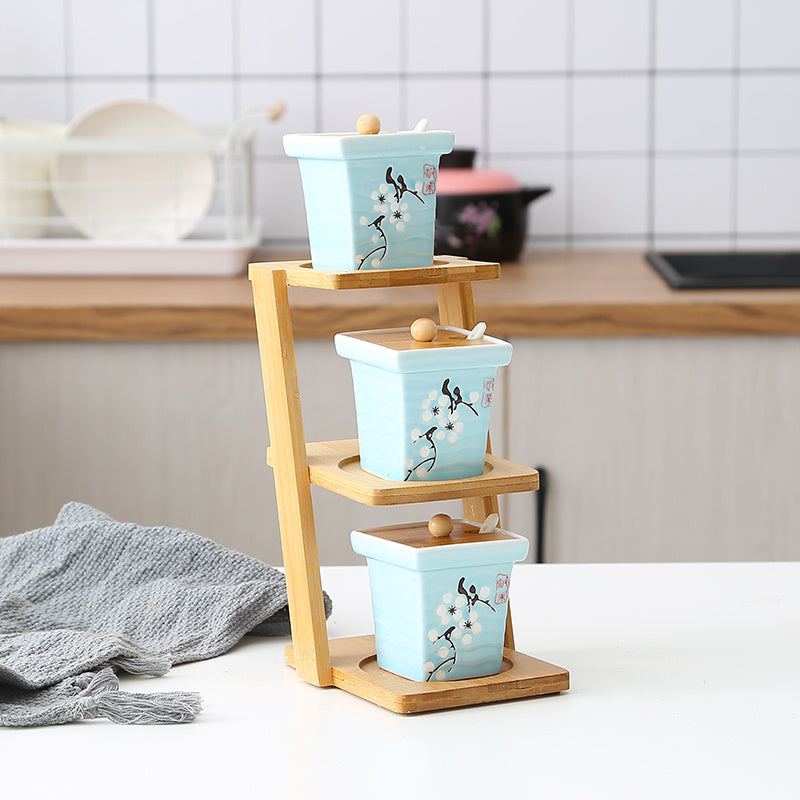 Elegant 3-Tier Bamboo Shelf with Glass & Ceramic Spice Jars – Organize Your Kitchen in Style!