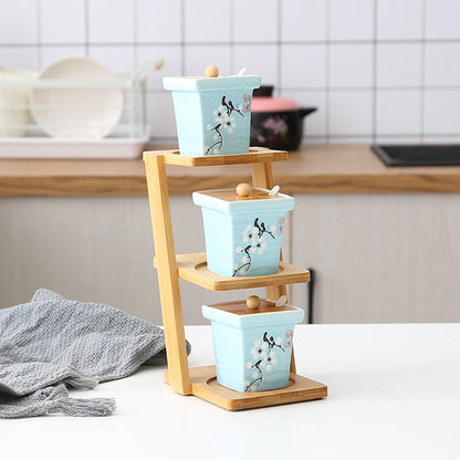 Elegant 3-Tier Bamboo Shelf with Glass & Ceramic Spice Jars – Organize Your Kitchen in Style!