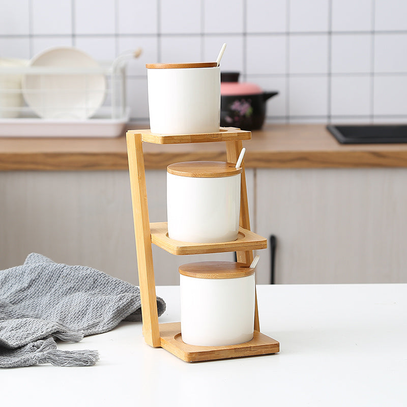 Elegant 3-Tier Bamboo Shelf with Glass & Ceramic Spice Jars – Organize Your Kitchen in Style!