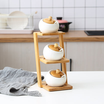 Elegant 3-Tier Bamboo Shelf with Glass & Ceramic Spice Jars – Organize Your Kitchen in Style!