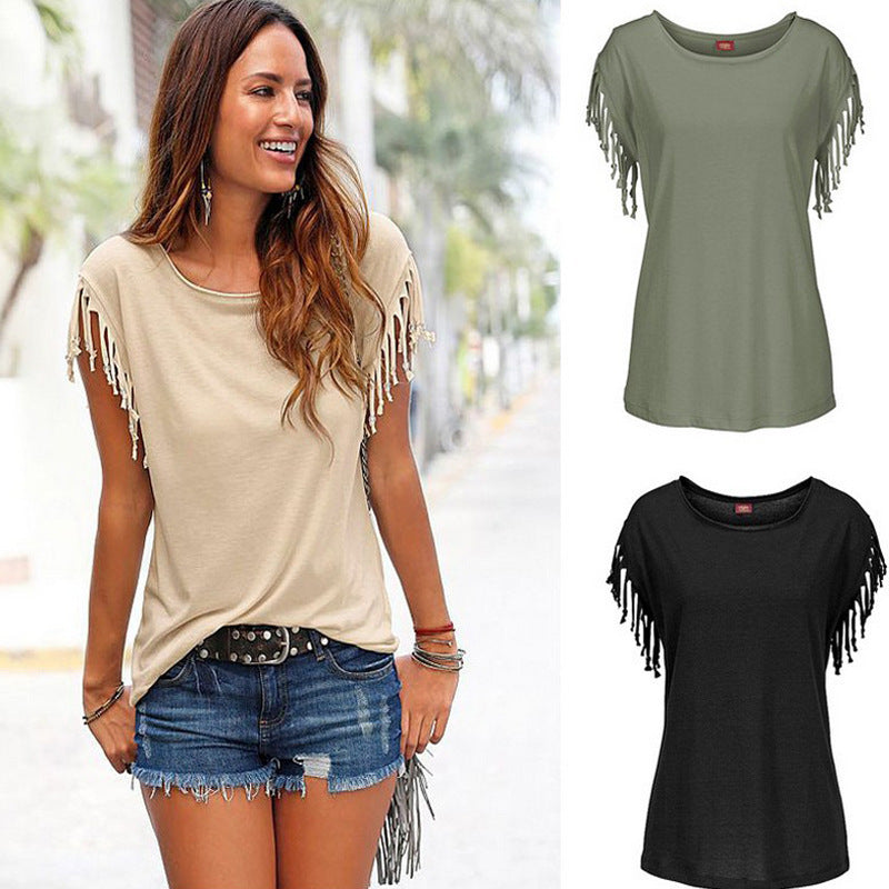 BohoTassel™ Plus Size Fringe Sleeve Cotton T-Shirt – Effortless Style Meets Everyday Comfort