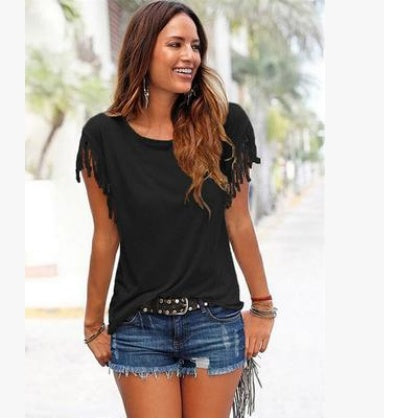 BohoTassel™ Plus Size Fringe Sleeve Cotton T-Shirt – Effortless Style Meets Everyday Comfort