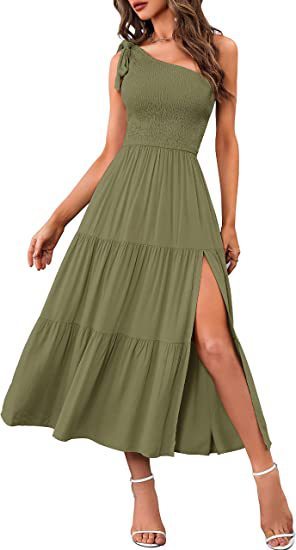 SolaFemme One-Shoulder Pleated Split Maxi Dress