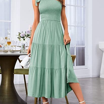 SolaFemme One-Shoulder Pleated Split Maxi Dress