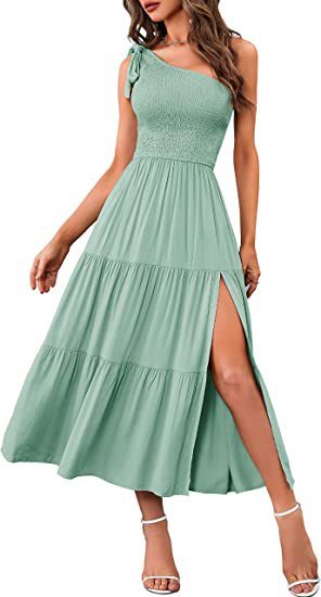 SolaFemme One-Shoulder Pleated Split Maxi Dress