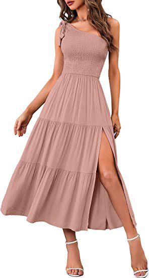 SolaFemme One-Shoulder Pleated Split Maxi Dress