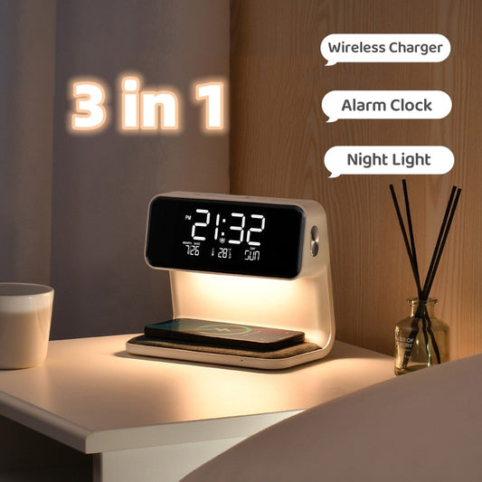 ✨ Creative 3-in-1 Bedside Lamp – Wireless Charging, Alarm Clock & LED Nightlight in One! ✨