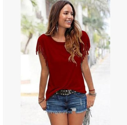 BohoTassel™ Plus Size Fringe Sleeve Cotton T-Shirt – Effortless Style Meets Everyday Comfort