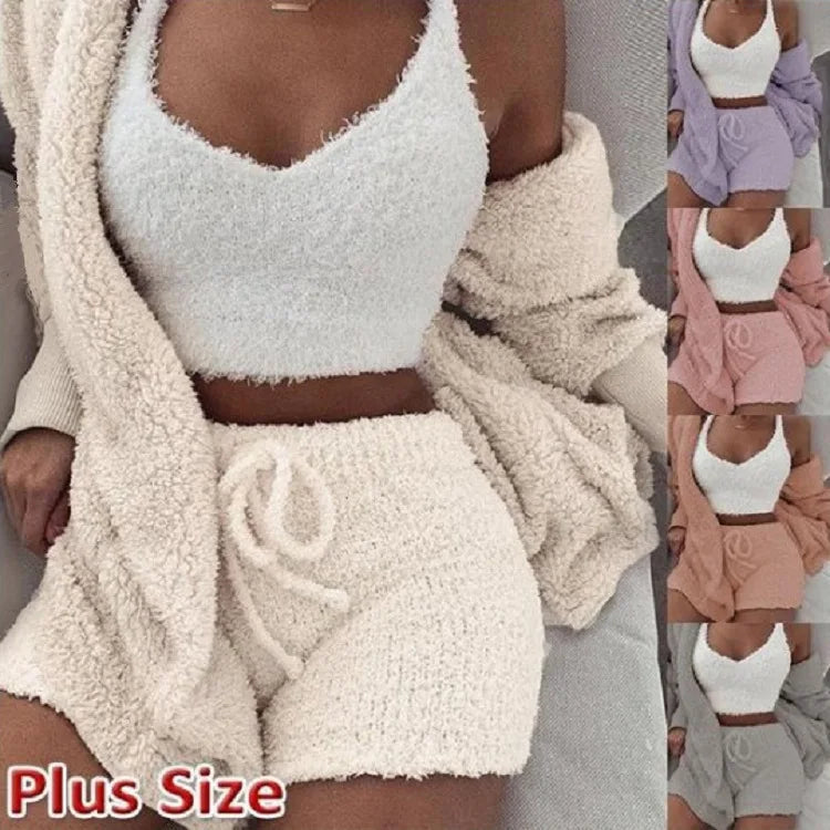 🛌 CloudCozy™ 3-Piece Fluffy Pajama Set – Winter Warmth You Can Wear