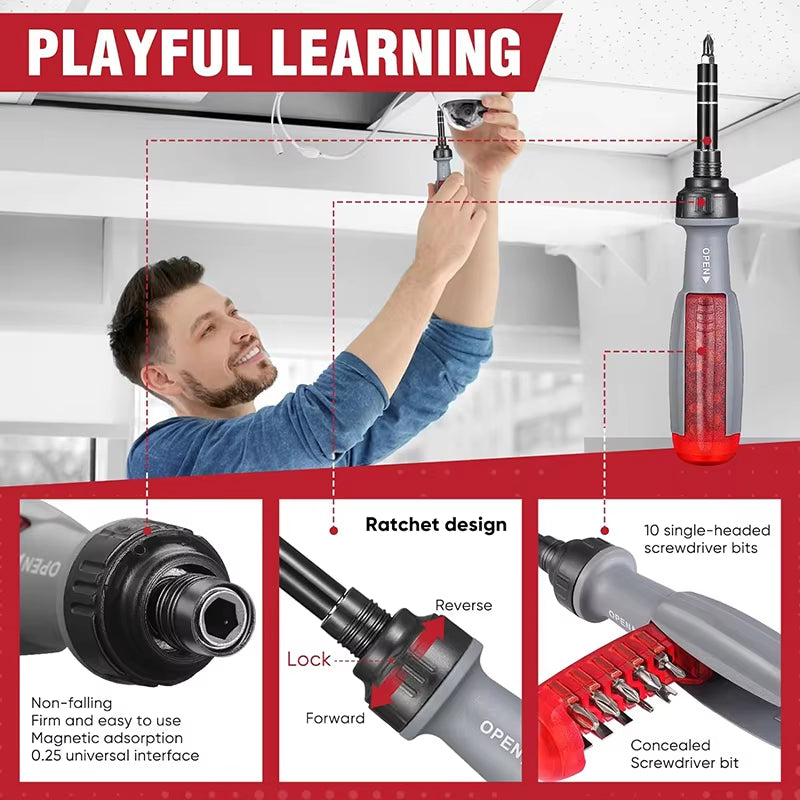 11 in 1 Ratchet Screwdriver Set Telescopic Screwdriver Two-Way ABS Handle Adjustment Forward Reverse Multifunctional Bits Driver